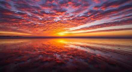 Vibrant sunset paints the sky with fiery colors reflected on wet sand beach