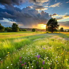 Verdant meadow with wildflowers and dramatic sky green grass