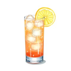 Watercolor Illustration of Gin Fizz Cocktail in Tall Glass with Lemon Garnish