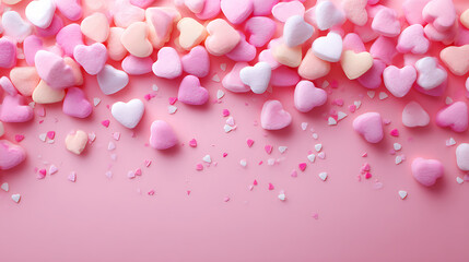 Colorful heart-shaped candies scattered on a pink background, creating a festive atmosphere