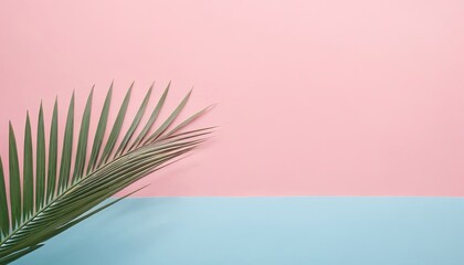 Fototapeta premium Pastel Pink and Blue Minimalist Background with Palm Leaves and Crayon. 4