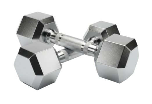 Silver hexagonal dumbbells arranged in a cross pattern, cutout isolated on transparent bg, png