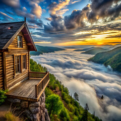 Wooden cabin balcony overlooking misty valley sunrise