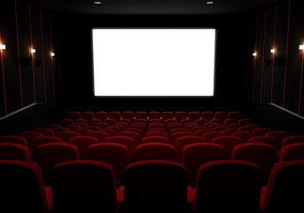 Fototapeta premium Movie Theater Interior Rows of Red Seats Facing a Blank Screen for Entertainment