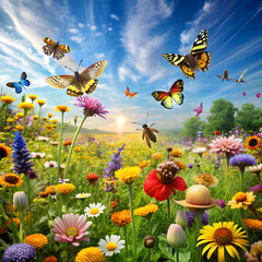 Butterflies and wildflowers under blue sky meadow summer
