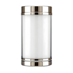Elegant clear glass cylinder container with gold and silver accents for modern home decor isolated on transparent background