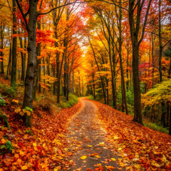 Autumn forest path vibrant foliage leaves trees