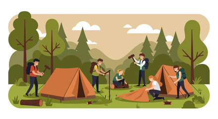 Naklejka premium Group of People Setting Up Camping Tents Outdoors.