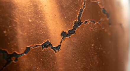 Close up of a cracked and aged copper surface showing signs of wear and oxidation with dark crevices