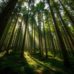 Sunbeams filter through tall evergreen trees on a lush forest floor