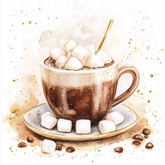 Delicious Hot Chocolate with Marshmallows in a Cozy Kitchen - Watercolor Illustration