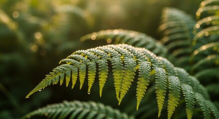 A vibrant green fern leaf, covered in glistening dewdrops, is captured in a close-up shot. The background is softly blurred with the warm, golden light of sunrise, highlighting the beauty of nature.
