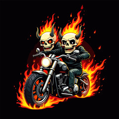 Vector t-shirt design with biker with fire human skull
isolated on black background.
Fashionable print for fabric, paper, men clothing,
hoodie, biker jacket. T shirt template for halloween party.