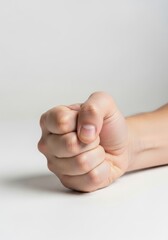 Close-up of human fist placed on clean white surface. Minimalist composition showing strength, determination, and resolve. Perfect for business, motivation, and empowerment themes.