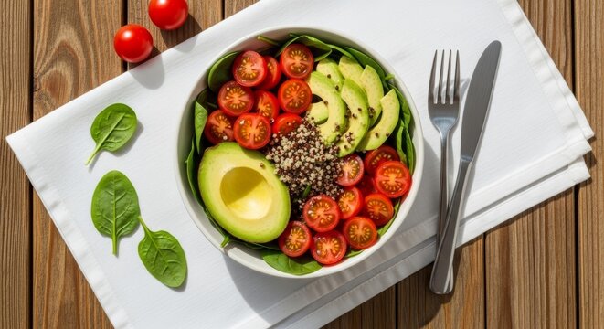 Fresh healthy salad bowl with avocado, cherry tomatoes, quinoa and spinach leaves on white napkin. Clean eating concept with fork and knife on rustic wooden background.