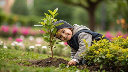 Adorable little boy plants a tree seedling, nurturing growth and sustainability in beautiful outdoor garden