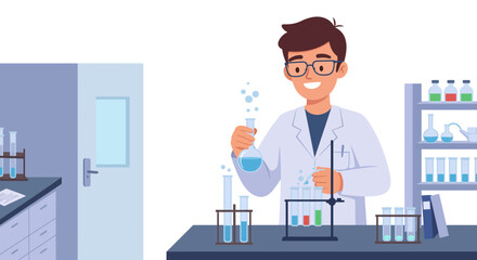 Smiling Scientist Conducting Experiment in Laboratory with Beakers.