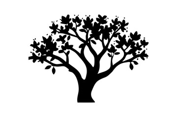 Banyan tree silhouette with aerial roots on white nature