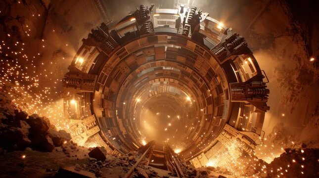 Massive Tunnel Boring Machine Digging Underground with Sparks Flying in Dynamic Industrial Scene