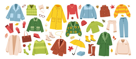 Fall clothes kit. Set of cozy autumnal sweaters, scarves, socks, and warm accessories. Fashion clothes, garments and accessories set. Vector hand drawn flat collection illustration isolated on white  © Every Creat