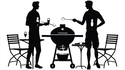 Outdoor Grilling Silhouette Scene with Friends enjoying Marshmallows and Wine around a Charcoal Grill on a Pleasant Sunny Day