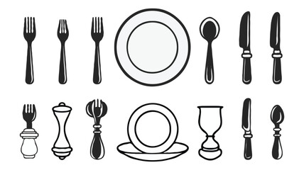 Elegant Table Setting Depicting Fine Dining Utensils and Dishes in a Simplistic Black and White Design