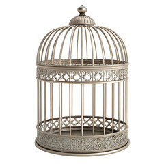 Elegant vintage birdcage made of silver metal isolated on transparent background
