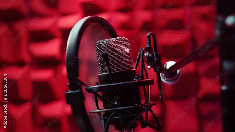 Poster microphone with pop filter in recording studio with red acoustic panels creating a professional soun