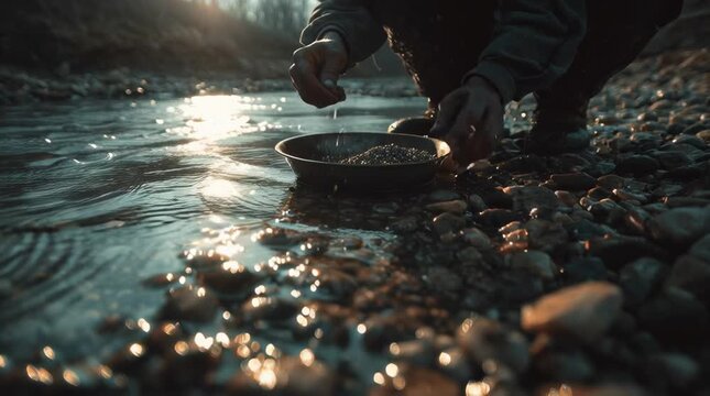 Diamond Miner Panning River Gravel at Sunset with Glimmering Light Reflections on Water