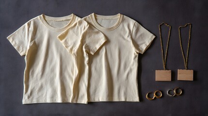 Two plain, cream-colored t-shirts laid flat on a dark surface.
