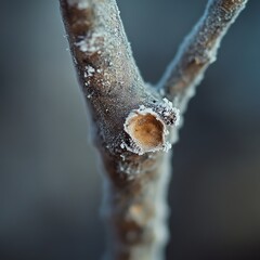 Frosted branch close-up with intricate details and textures.