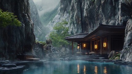 Tranquil onsen nestled between snowy peaks