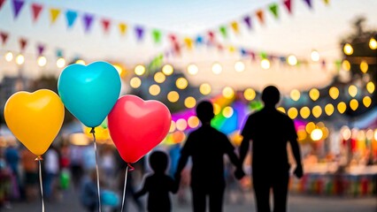Silhouette of family at fair with colorful heart balloons and festive lights

