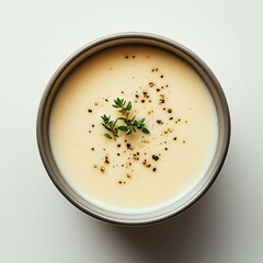 Creamy soup garnished with herbs in a stainless steel bowl.