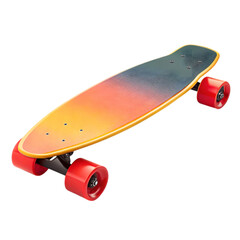 Longboard skateboard with colorful rainbow gradient deck and black wheels for recreational riding isolated on transparent background