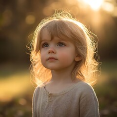 A serene child with soft hair illuminated by warm sunlight.