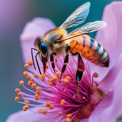 Close-up of a bee pollinating a vibrant flower.