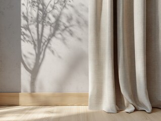 A tree casts a shadow on a wall. A curtain is hanging in front of the wall. The curtain is white and has a pattern