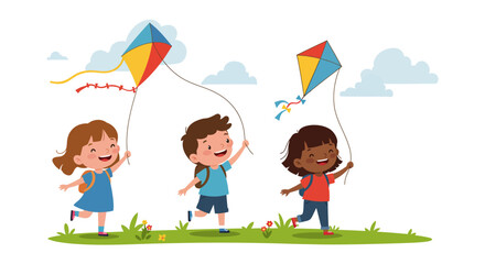 Cheerful Children Running and Flying Colorful Kites Outdoors.