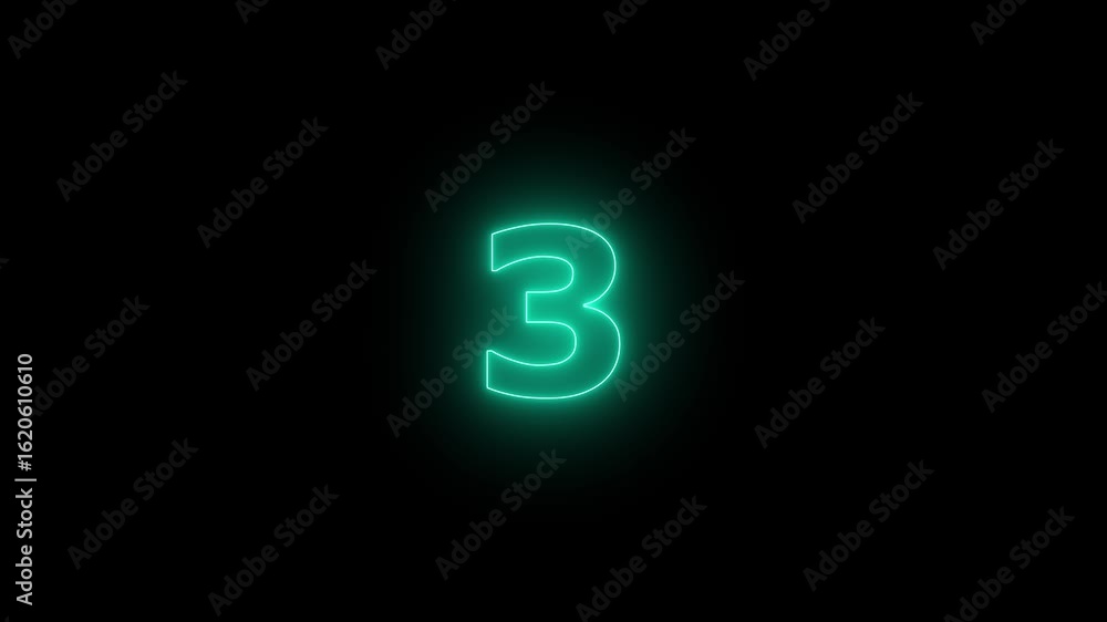 Poster glowing neon number five 5 teal green light effect on black background countdown timer element