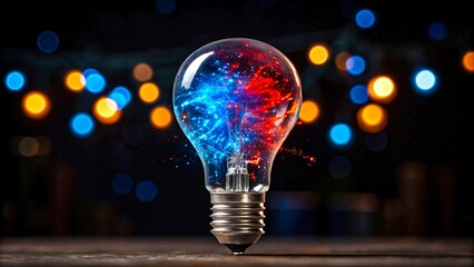 Creative glowing lightbulb with red and blue energy sparks in dark background


