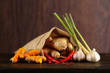 Exotic Spice Still Life Turmeric Ginger Lemongrass Garlic Chili and Pink Peppercorns on Wooden Surface Against Brown Backdrop