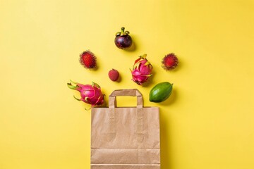 Vibrant Tropical Fruits Bursting from a Grocery Bag on Sunny Yellow Backdrop