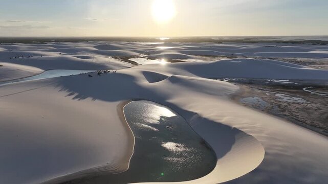 Lencois Maranhenses In Santo Amaro Maranhao Brazil. Natural Freshwater Lagoon Nestled Between White Sand Dunes. Sunset Landscape Recreation Vibrant. Paradise Seaside Waterfront. Santo Amaro Maranhao.