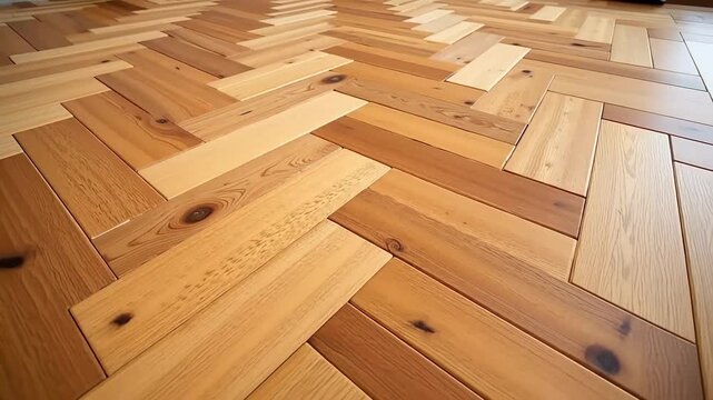 Close up of a herringbone pattern wood floor with varying shades of brown and natural wood grains