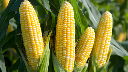 lush green corn field under a clear blue sky, showing fresh corn leaves and visible cobs. Captures natural farming landscape in summer for agriculture, food or rural concepts