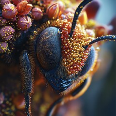 Close-up of a bee covered in pollen on a flower.