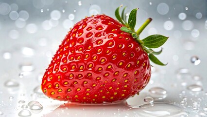Fresh ripe strawberry with water droplets in close-up macro view

