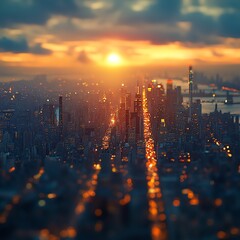 City skyline at sunset with blurred lights and a vibrant atmosphere.