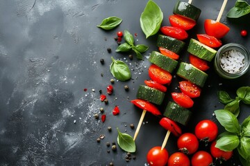 Colorful grilled vegetable skewers with zucchini, tomatoes and basil herbs on a dark background with copy space.